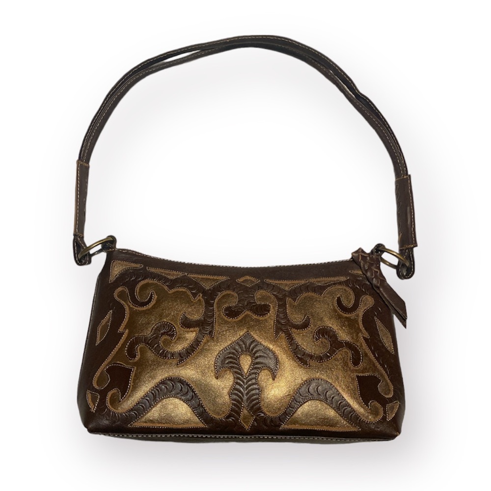 Leaders in Leather Walnut Copper Tooled Leather Shoulder Bag Purse